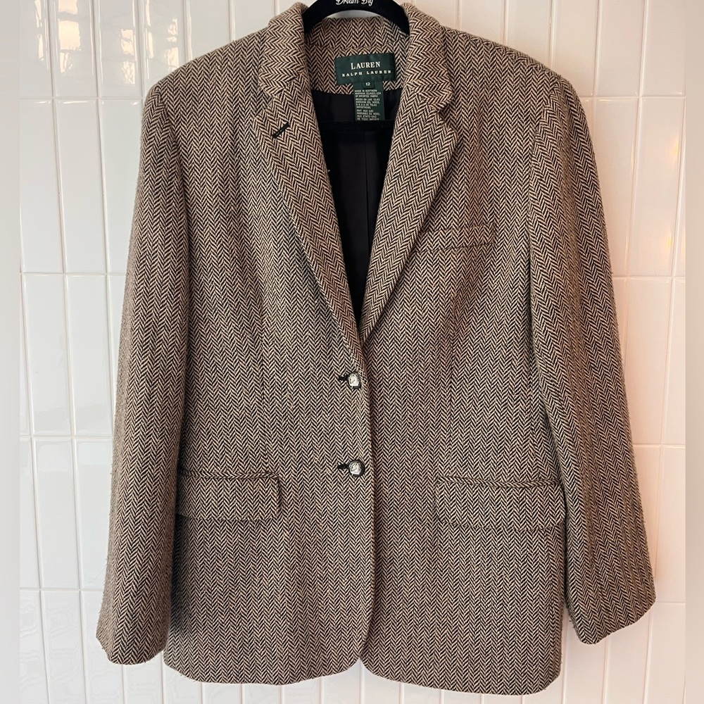Lauren Ralph Lauren Brown Herringbone Wool Blazer Jacket | Women’s 12